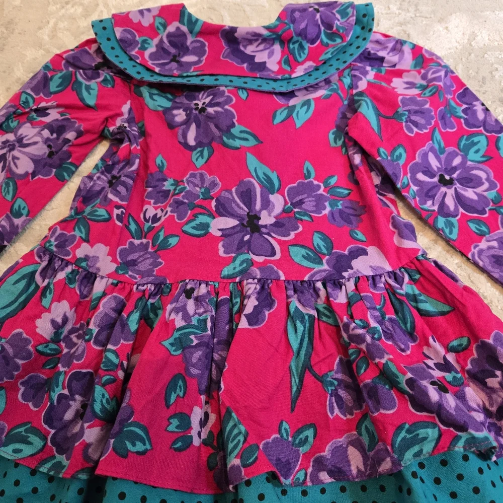Vintage 1990s Ruffle Long Sleeve Floral Pink Teal Purple Dress